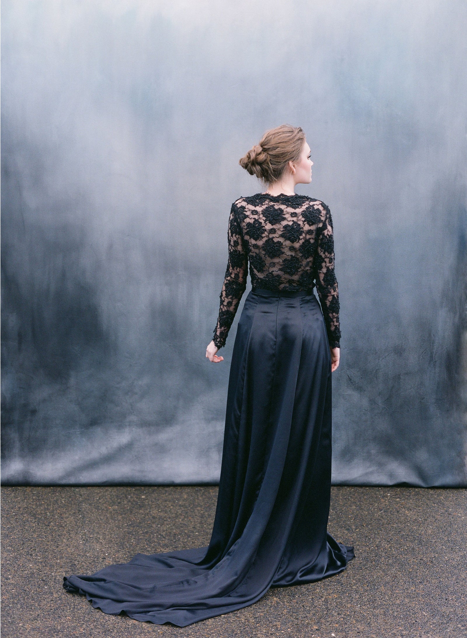 Black Silk Satin Dress With Vintage Beaded Lace Top