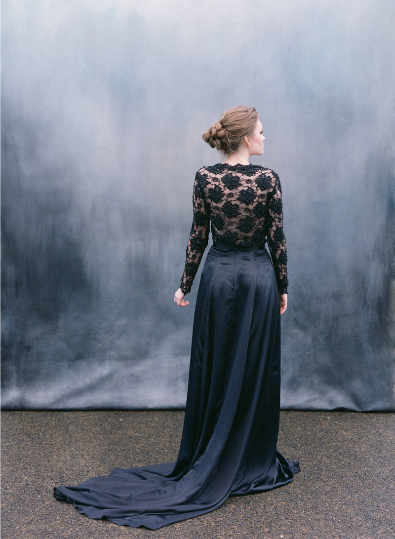 Black Silk Satin Dress With Vintage Beaded Lace Top | Valerie Emily Riggs Black Silk Satin Dress With Vintage Beaded Lace Top | Valerie Emily Riggs