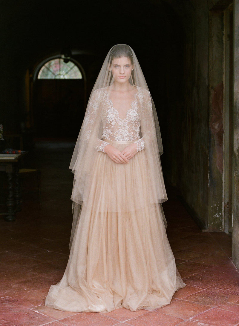 Gold Silk Tulle Beaded Dress With Sleeves – Emily Riggs Gold Silk Tulle Beaded Dress With Sleeves – Emily Riggs