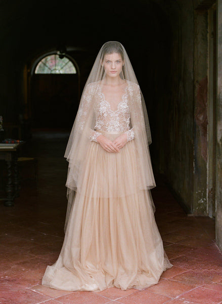 Gold Silk Tulle Beaded Dress With Sleeves