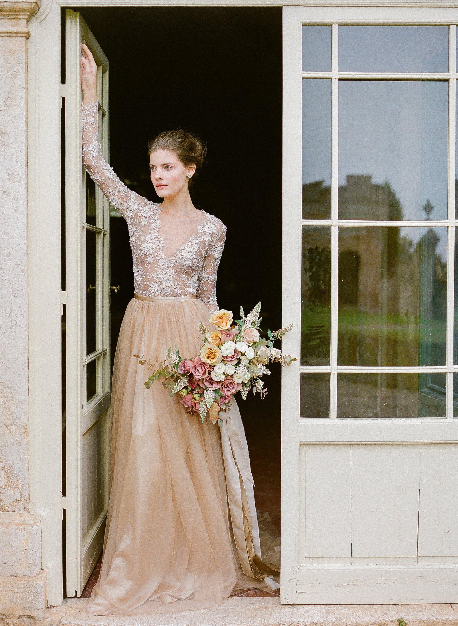 Gold Silk Tulle Beaded Dress With Sleeves  Emily Riggs