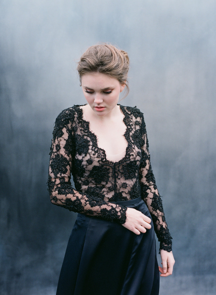 Black Silk Satin Dress With Vintage Beaded Lace Top | Valerie Black Silk Satin Dress With Vintage Beaded Lace Top | Valerie