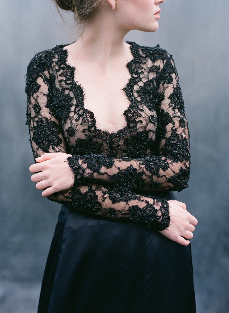 Black Silk Satin Dress With Vintage Beaded Lace Top | Valerie Black Silk Satin Dress With Vintage Beaded Lace Top | Valerie